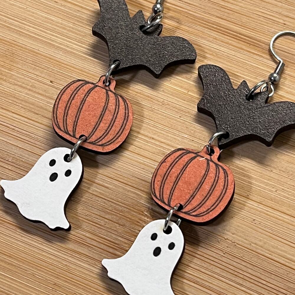 NEW Halloween Fall Bat Pumpkin Ghost Dangle Wooden Earrings